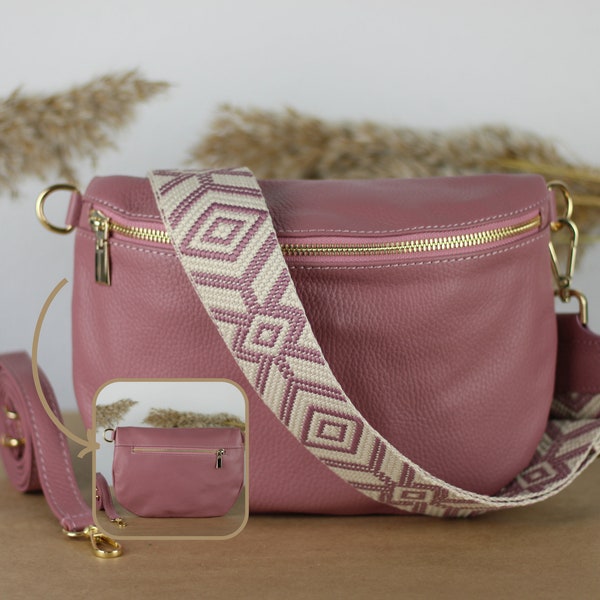 Medium Dusky Pink Gold Leather Belly Bag with zippered pockets, extra Patterned Straps, Leather Shoulder Bag, Crossbody Bag