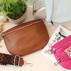 Medium Size Leather Belly Bag with zippered pockets, extra Patterned Straps, Leather Shoulder Bag, Crossbody Bag with Different Sizes