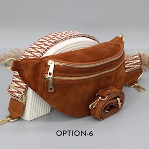 Sac de ventre en cuir en daim brun cognac pour femmes avec options de sangle à motifs supplémentaires, sac à bandoulière en cuir, sac crossbody avec différentes couleurs Option-6