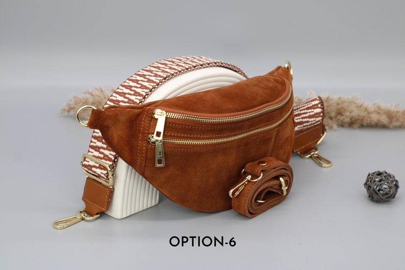 Sac de ventre en cuir en daim brun cognac pour femmes avec options de sangle à motifs supplémentaires, sac à bandoulière en cuir, sac crossbody avec différentes couleurs image 7