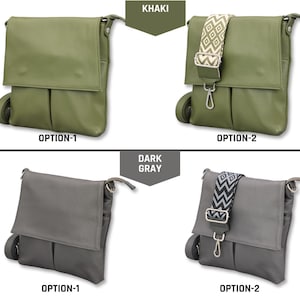 Peut inclure: Quatre sacs &agrave; bandouli&egrave;re en kaki et gris fonc&eacute;. L'option 1 est de couleur unie, tandis que l'option 2 a une sangle &agrave; motifs. Les sacs ont une fermeture &agrave; rabat et une bandouli&egrave;re r&eacute;glable. Le texte "KHAKI" et "DARK GRAY" est au-dessus des sacs.