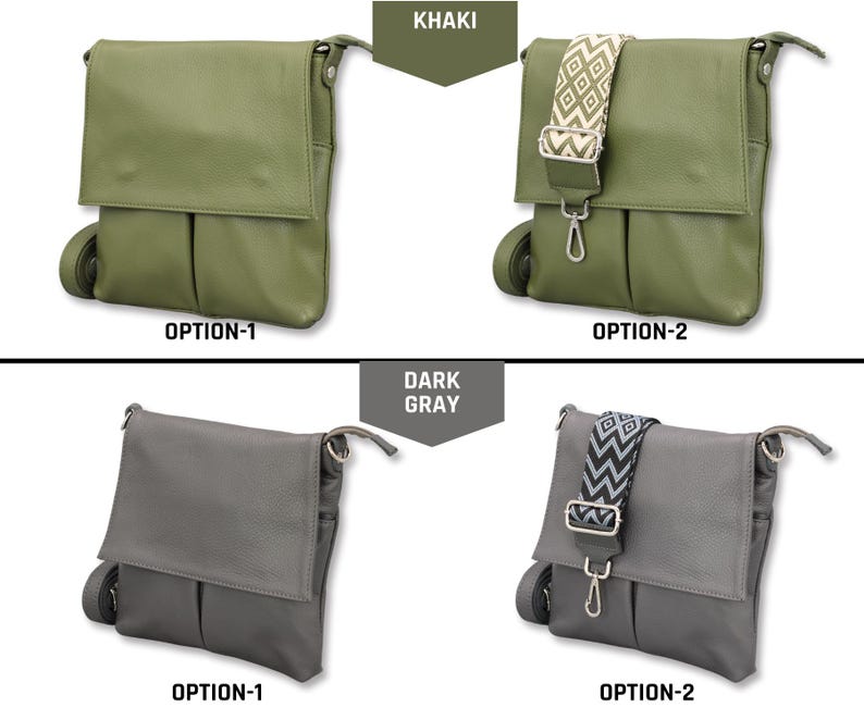 Peut inclure: Quatre sacs &agrave; bandouli&egrave;re en kaki et gris fonc&eacute;. L'option 1 est de couleur unie, tandis que l'option 2 a une sangle &agrave; motifs. Les sacs ont une fermeture &agrave; rabat et une bandouli&egrave;re r&eacute;glable. Le texte "KHAKI" et "DARK GRAY" est au-dessus des sacs.