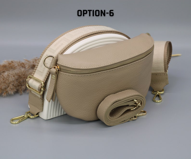 Taupe gouden leren buiktas voor dames met extra patroonriemen, leren schoudertas, crossbodytas met verschillende maten Option-6