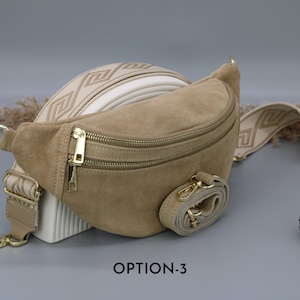 Sac de ventre en cuir taupe en daim pour femmes avec options de sangle à motifs supplémentaires, sac à bandoulière en cuir, sac crossbody avec différentes couleurs Option-3