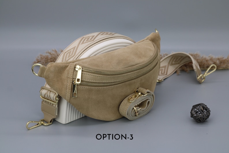 Sac de ventre en cuir taupe en daim pour femmes avec options de sangle à motifs supplémentaires, sac à bandoulière en cuir, sac crossbody avec différentes couleurs Option-3