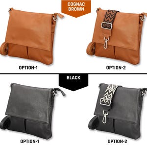 Peut inclure: Quatre sacs &agrave; bandouli&egrave;re en marron cognac et noir. L'option 1 de chaque couleur a une sangle unie, tandis que l'option 2 pr&eacute;sente une sangle &agrave; motifs. Les sacs ont une fermeture &agrave; rabat et une petite poche &agrave; l'avant.