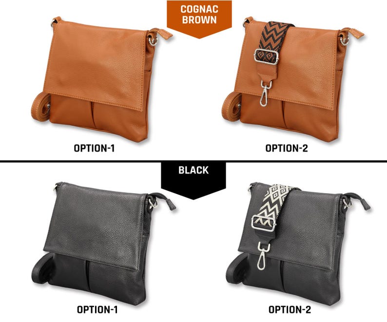 Peut inclure: Quatre sacs &agrave; bandouli&egrave;re en marron cognac et noir. L'option 1 de chaque couleur a une sangle unie, tandis que l'option 2 pr&eacute;sente une sangle &agrave; motifs. Les sacs ont une fermeture &agrave; rabat et une petite poche &agrave; l'avant.