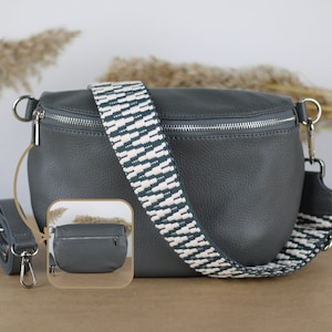 Dunkelgraue Leder-Bauchtasche mit silbernen Reißverschlusstaschen, extra gemusterte Träger, Leder-Schultertasche, Crossbody-Tasche, Geschenk für sie
