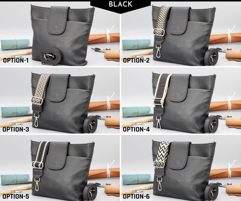 Bolso bandolera de cuero para mujer con correas extra estampadas, bolso bandolera de cuero, bolso bandolera con diferentes colores Black