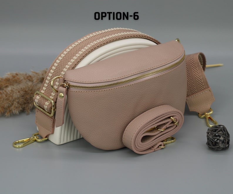 Rose Leder Bauchtasche für Frauen mit goldenem Reißverschluss, extra gemusterte Träger, Leder Schultertasche, Crossbody Tasche mit verschiedenen Größen Option-6