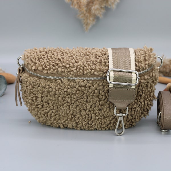 Teddy Tasche für Frauen mit silbernem Reißverschluss, Mittelgroße Teddy Fell Tasche mit gemusterten breiten Riemen, Geschenk für Sie, Weihnachtsgeschenk