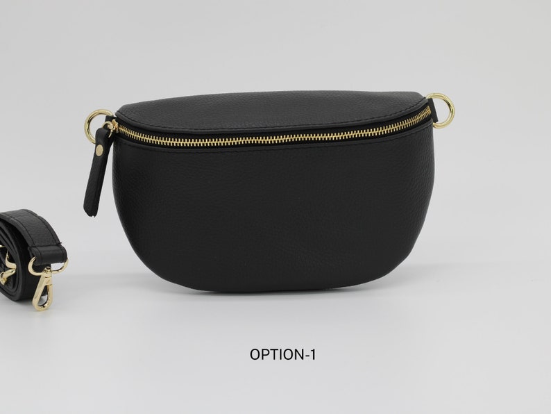 Schwarz Gold Leder Bauchtasche für Frauen mit extra gemusterten Trägern, Leder Schultertasche, Crossbody Tasche mit verschiedenen Größen Option-1