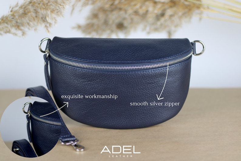 Sac ventre en cuir bleu marine pour femme avec bretelles à motifs supplémentaires, sac à bandoulière en cuir, sac à bandoulière de différentes tailles image 2