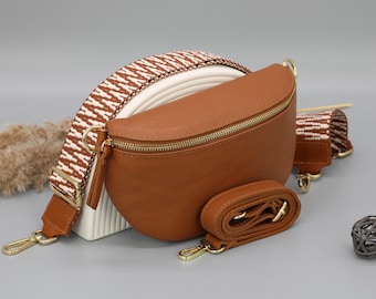 Sac de ventre en cuir doré brun cognac pour femmes avec sangles à motifs supplémentaires, sac à bandoulière en cuir, sac crossbody de différentes tailles