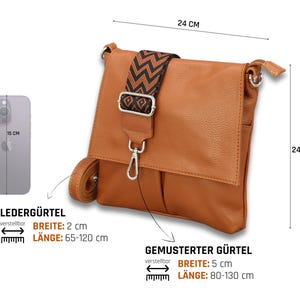 Peut inclure: Sac bandouli&egrave;re en cuir marron clair. Il mesure 24 cm de large et 24 cm de haut. La bandouli&egrave;re &agrave; motifs mesure 5 cm de large et est r&eacute;glable de 80 &agrave; 130 cm. La bandouli&egrave;re en cuir mesure 2 cm de large et est r&eacute;glable de 65 &agrave; 120 cm.