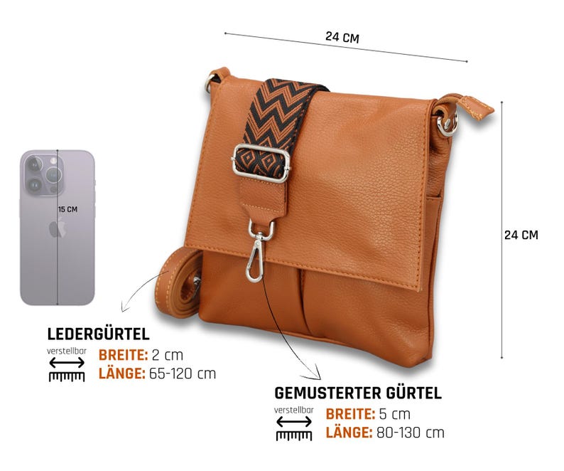Peut inclure: Sac bandouli&egrave;re en cuir marron clair. Il mesure 24 cm de large et 24 cm de haut. La bandouli&egrave;re &agrave; motifs mesure 5 cm de large et est r&eacute;glable de 80 &agrave; 130 cm. La bandouli&egrave;re en cuir mesure 2 cm de large et est r&eacute;glable de 65 &agrave; 120 cm.