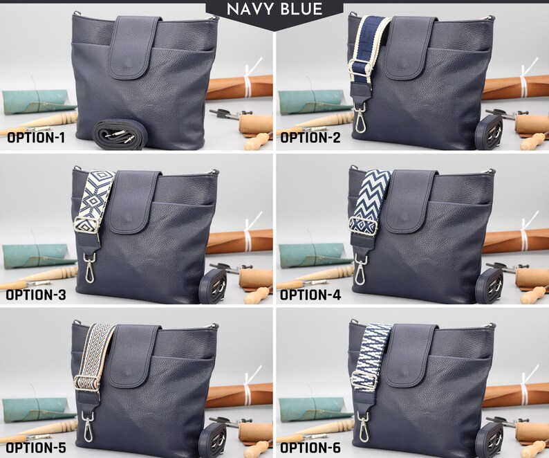 Bolso bandolera de cuero para mujer con correas extra estampadas, bolso bandolera de cuero, bolso bandolera con diferentes colores Navy Blue