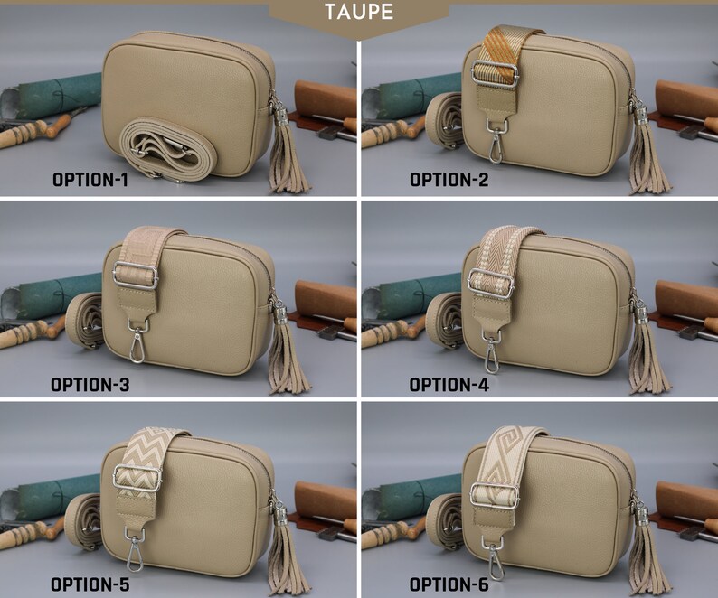 Leder Crossbody Schultertasche für Frauen mit extra gemusterten Riemen, Leder Schultertasche, Crossbody Bag mit verschiedenen Farben Taupe