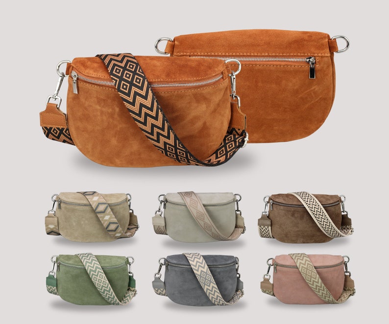 Suede Bag for Women with zippered pockets, Leather Shoulder Bag extra Patterned Strap Options, Christmas Gift image 1