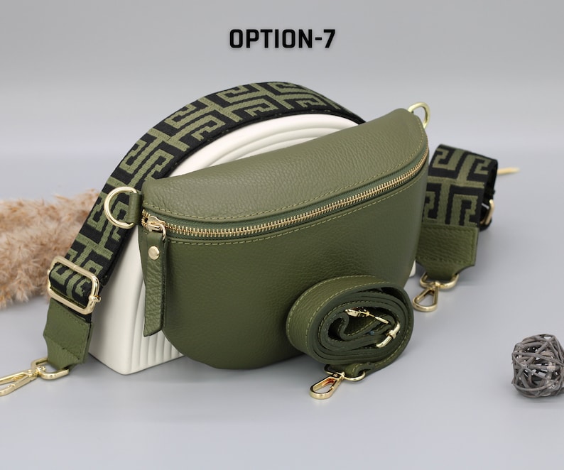 Khaki Olive Green Gold Leather Belly Bag for Women with extra Patterned Straps, Leather Shoulder Bag, Crossbody Bag with Different Sizes Option-7