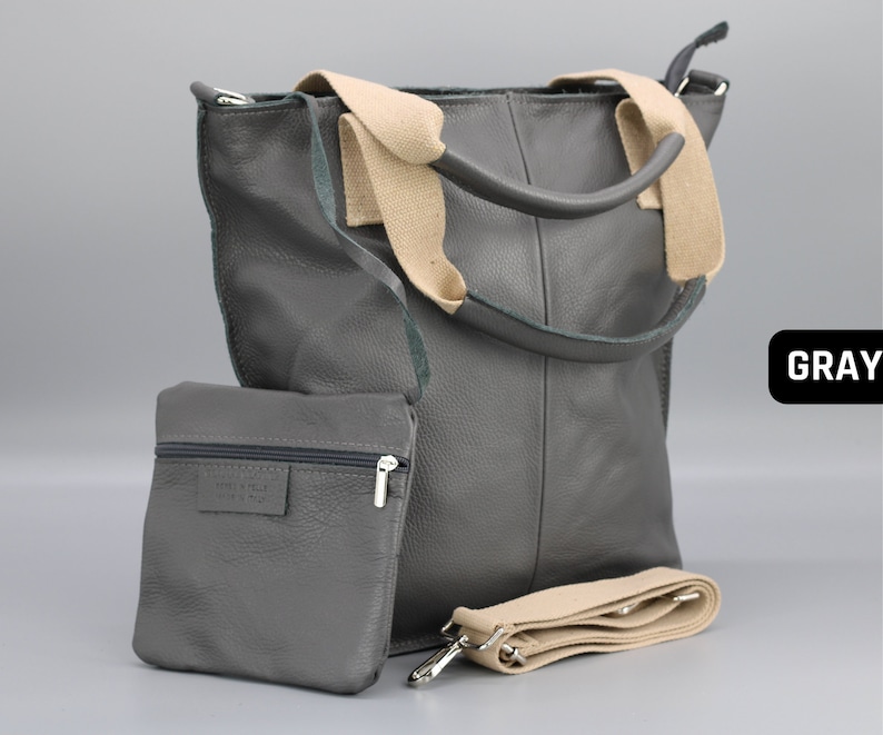 Leder Shopper Tasche für Frauen mit breitem Riemen, Frauen Umhängetasche, Große Beuteltasche, Einkaufstasche mit Reißverschluss, Geschenk für sie, Weihnachtsgeschenk GRAY