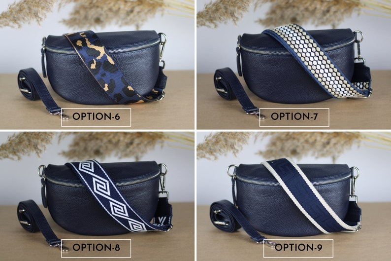 Navy Blue Leather Belly Bag for Women with extra Patterned Straps, Leather Shoulder Bag, Crossbody Bag with Different Sizes image 5