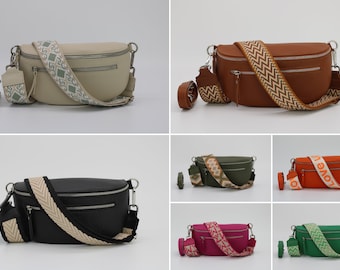 Middelgrote leren buiktas voor dames met extra bandjes met patroon, leren schoudertas met ritszakken, crossbodytas