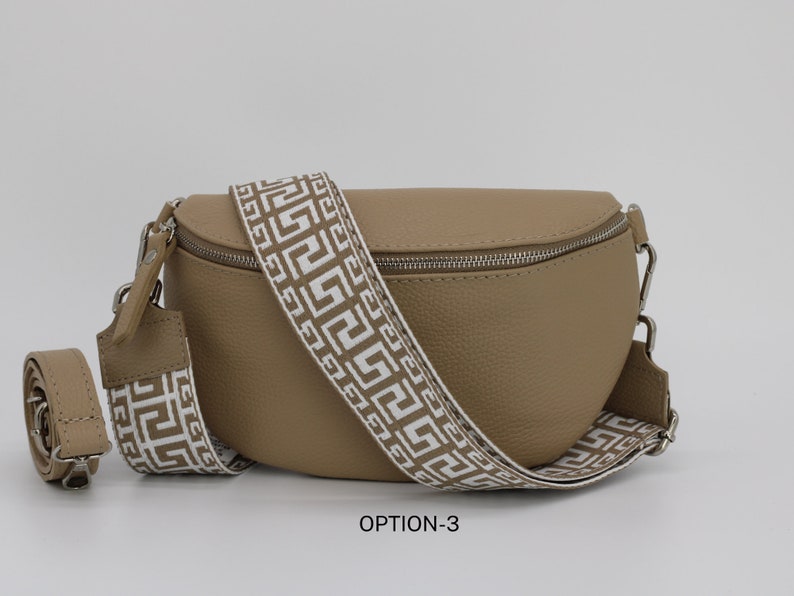 Taupe Leder Bauchtasche für Frauen mit extra gemusterten Trägern, Leder Schultertasche, Crossbody Tasche mit verschiedenen Größen Option-3