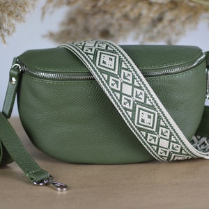 Khaki Olive Green Leather Belly Bag for Women with extra Patterned Straps, Leather Shoulder Bag, Crossbody Bag with Different Sizes