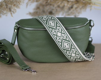 Khaki Olive Green Leather Belly Bag for Women with extra Patterned Straps, Leather Shoulder Bag, Crossbody Bag with Different Sizes