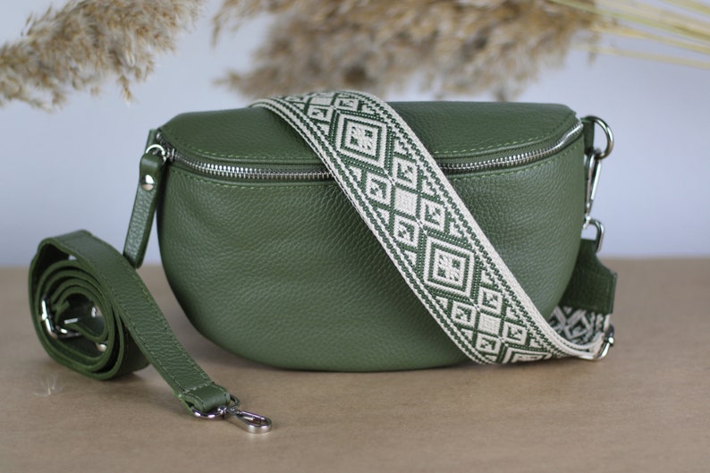 Khaki Olive Green Leather Belly Bag for Women with extra Patterned Straps, Leather Shoulder Bag, Crossbody Bag with Different Sizes