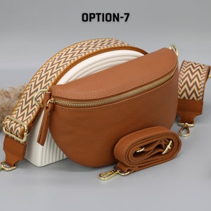 Sac de ventre en cuir doré brun cognac pour femmes avec sangles à motifs supplémentaires, sac à bandoulière en cuir, sac crossbody de différentes tailles Option-7