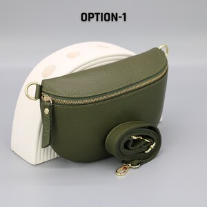 Khaki Oliv Grün Gold Leder Bauchtasche für Frauen mit extra gemusterten Trägern, Leder Schultertasche, Crossbody Tasche mit verschiedenen Größen Option-1