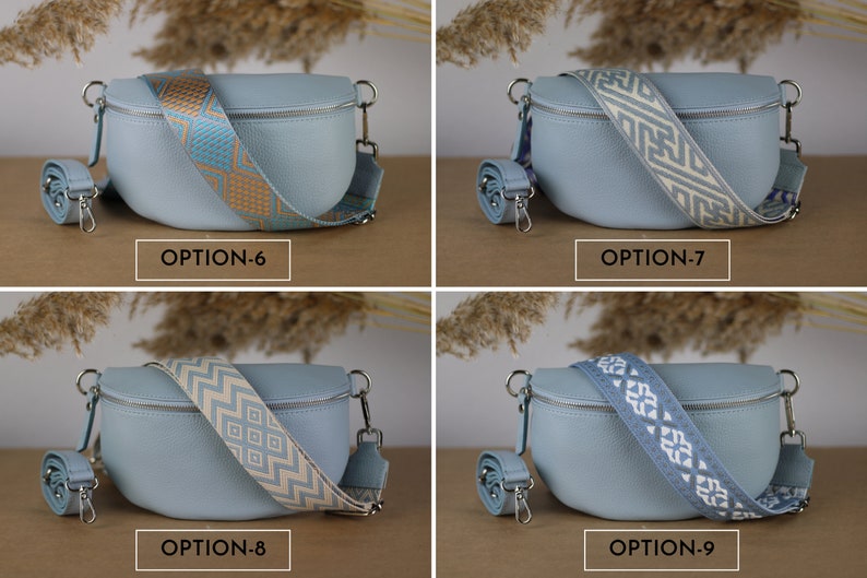 Light Blue Leather Belly Bag for Women with extra Patterned Straps, Leather Shoulder Bag, Crossbody Bag with Different Sizes image 5