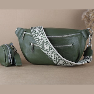 Khaki Olivgrüne Leder Bauchtasche für Frauen mit Münzgeldbörse, extra gemusterte Träger, Crossbody Bag, Geschenk für sie
