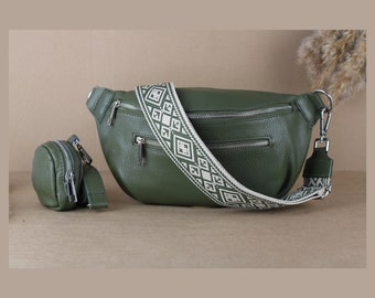 Khaki Olivgrüne Leder Bauchtasche für Frauen mit Münzgeldbörse, extra gemusterte Träger, Crossbody Bag, Geschenk für sie