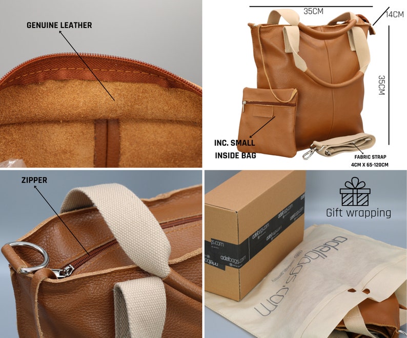 Leder Shopper Tasche für Frauen mit breitem Riemen, Frauen Umhängetasche, Große Beuteltasche, Einkaufstasche mit Reißverschluss, Geschenk für sie, Weihnachtsgeschenk Bild 3