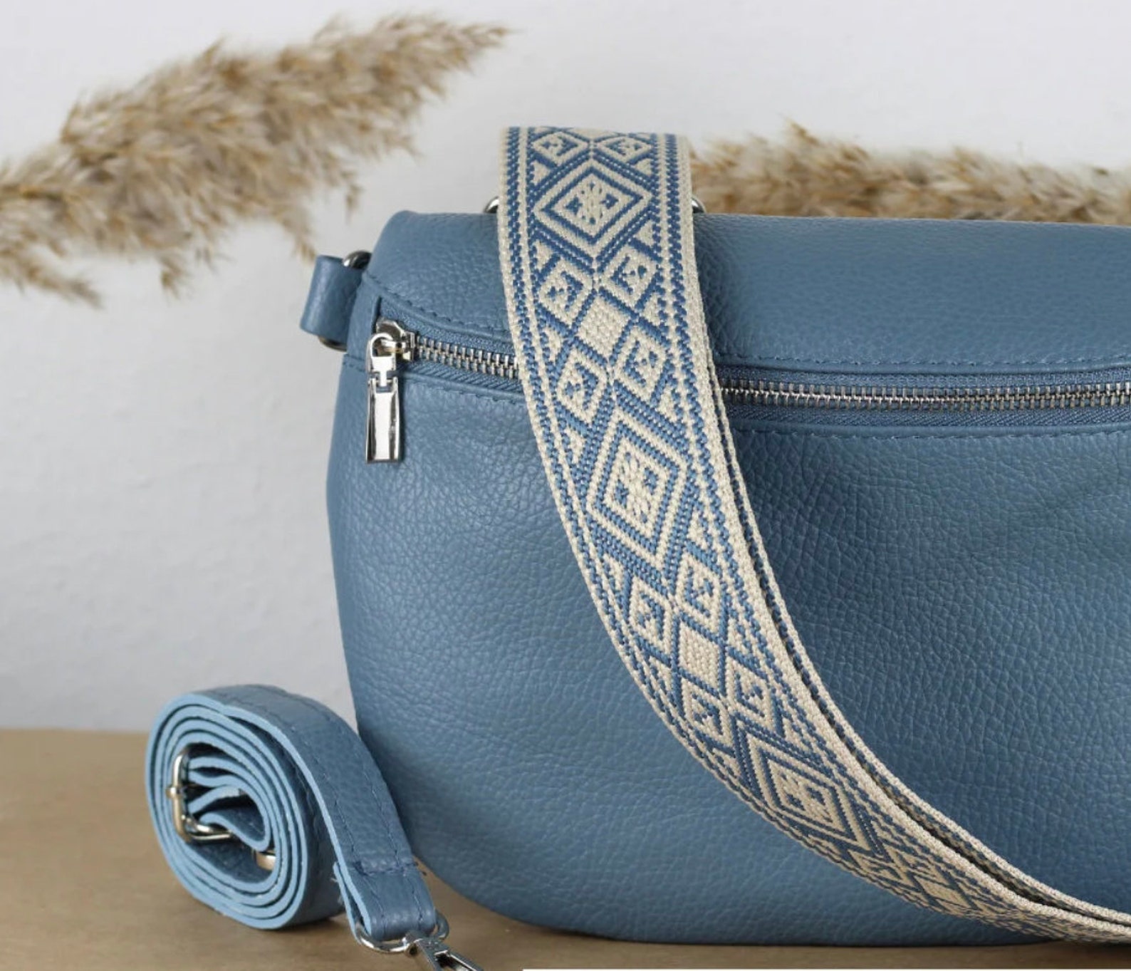 Jeans Blue Silver Leather Bag Strap , Strap for Bags With Silver Hardware, Wide Strap Shoulder