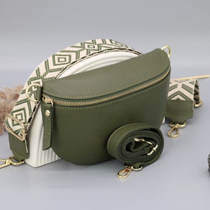 Khaki Olivgrün Gold Leder Bauchtasche für Frauen mit extra gemusterten Riemen, Leder Schultertasche, Crossbody Tasche mit verschiedenen Größen