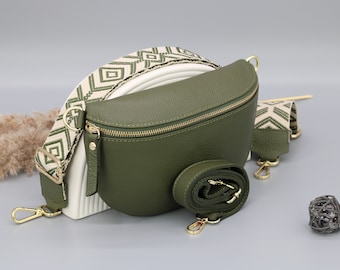 Sac de ventre en cuir vert olive kaki pour femmes avec sangles à motifs supplémentaires, sac à bandoulière en cuir, sac crossbody de différentes tailles