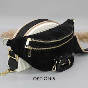 Sac de ventre en cuir suédé noir pour femmes avec options de sangle à motifs supplémentaires, sac à bandoulière en cuir, sac crossbody avec différentes couleurs Option-8