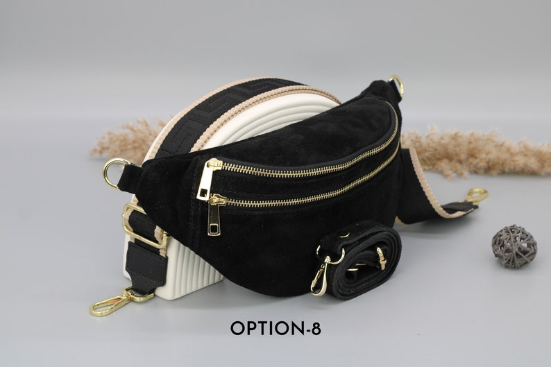 Sac de ventre en cuir suédé noir pour femmes avec options de sangle à motifs supplémentaires, sac à bandoulière en cuir, sac crossbody avec différentes couleurs Option-8