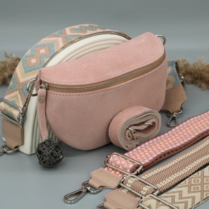 Wildleder Rose Pink Leder Bauchtasche für Frauen mit extra gemusterten Riemen, Leder Schultertasche, Crossbody Bag mit verschiedenen Größen