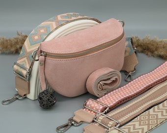 Wildleder Rose Pink Leder Bauchtasche für Frauen mit extra gemusterten Riemen, Leder Schultertasche, Crossbody Tasche mit verschiedenen Größen