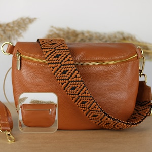 Mittelgroße Cognac Braun Gold Leder Bauchtasche mit Reißverschlusstaschen, extra gemusterte Träger, Leder Schultertasche, Crossbody Bag