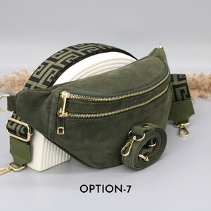 Sac de ventre en cuir suédé vert kaki pour femmes avec options de sangle à motifs supplémentaires, sac à bandoulière en cuir, sac crossbody avec différentes couleurs Option-7