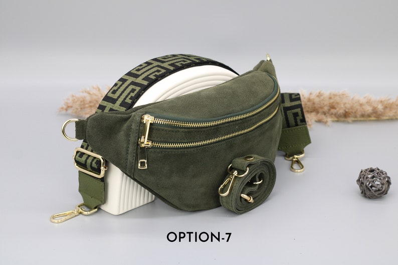 Sac de ventre en cuir suédé vert kaki pour femmes avec options de sangle à motifs supplémentaires, sac à bandoulière en cuir, sac crossbody avec différentes couleurs Option-7