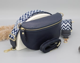 Navy Blue Gold Leather Belly Bag for Women with extra Patterned Straps, Leather Shoulder Bag, Crossbody Bag with Different Sizes