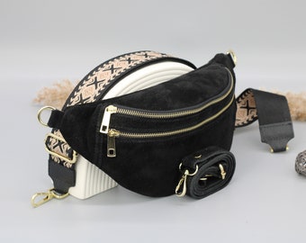 Black Suede Leather Belly Bag for Women with extra Patterned Strap Options, Leather Shoulder Bag, Crossbody Bag with Different Colors