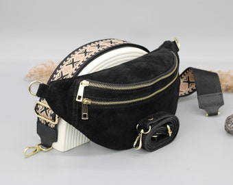 Schwarze Wildleder Bauchtasche für Frauen mit extra gemusterten Riemen Optionen, Leder Schultertasche, Crossbody Tasche mit verschiedenen Farben